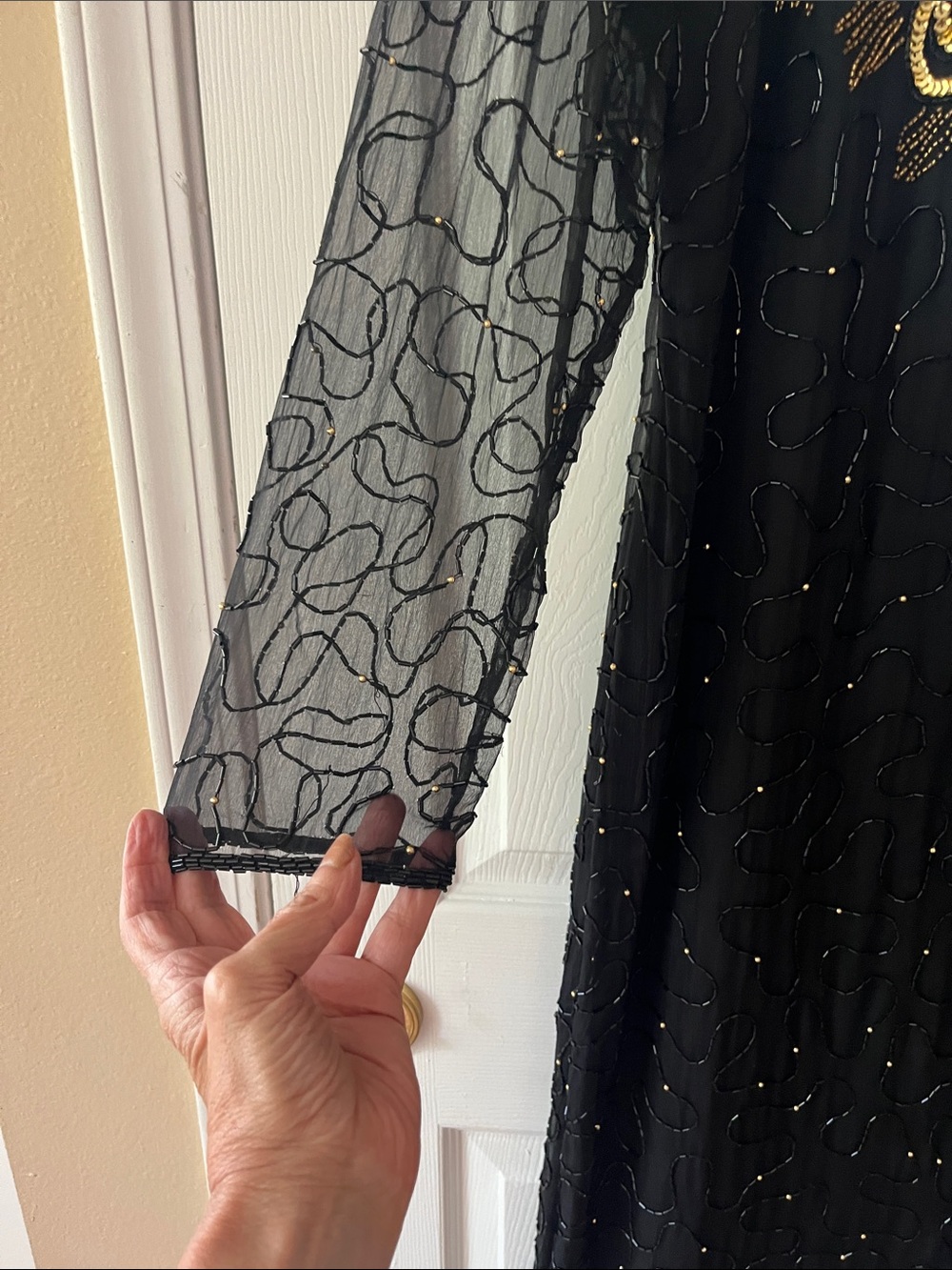 Laurence Kazar Black and Gold Beaded Long Sleeve Evening Gown - Picture 4 of 6